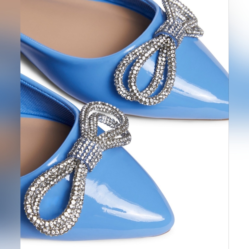 Pointed Flats Vegan Leather Rhinestone Bow Women’s Flats Patent Blue 7 NWT